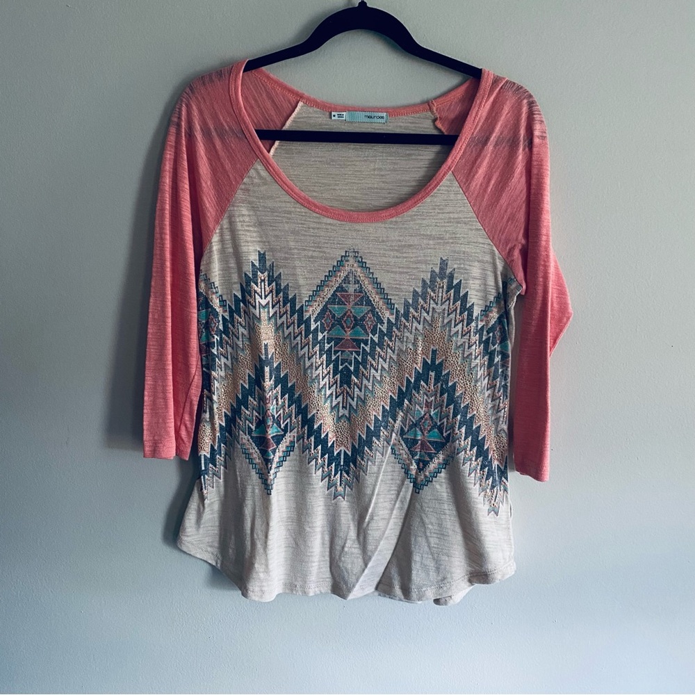 Maurices Women's Pink & Beige Baseball Tee Quarter Length Sleeve Shirt Medium
